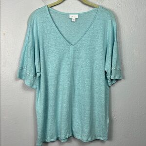J. Jill Love Linen Aqua Light Blue Short Sleeve V-Neck Top Small